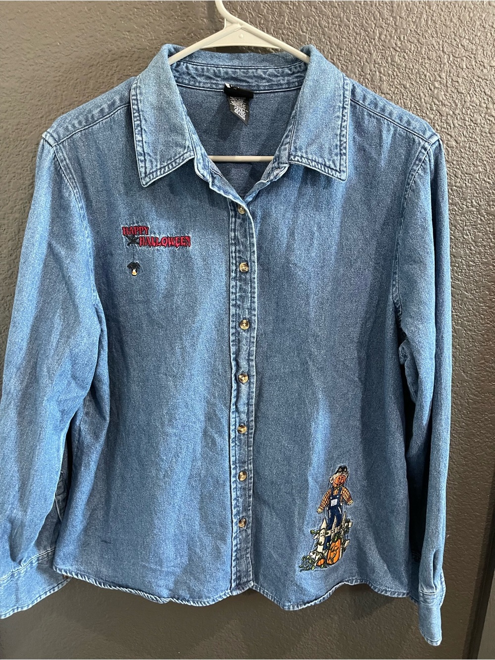 Holiday Editions Light Blue Denim Button-Up Shirt with Halloween Embroidery